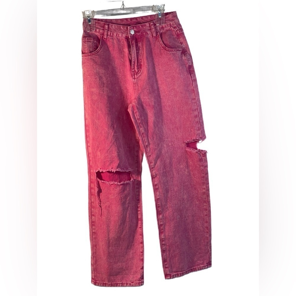 SHEIN Eye Catching Icon Valentine High Waisted Wide Leg Hot PInk Jean Size 27/28